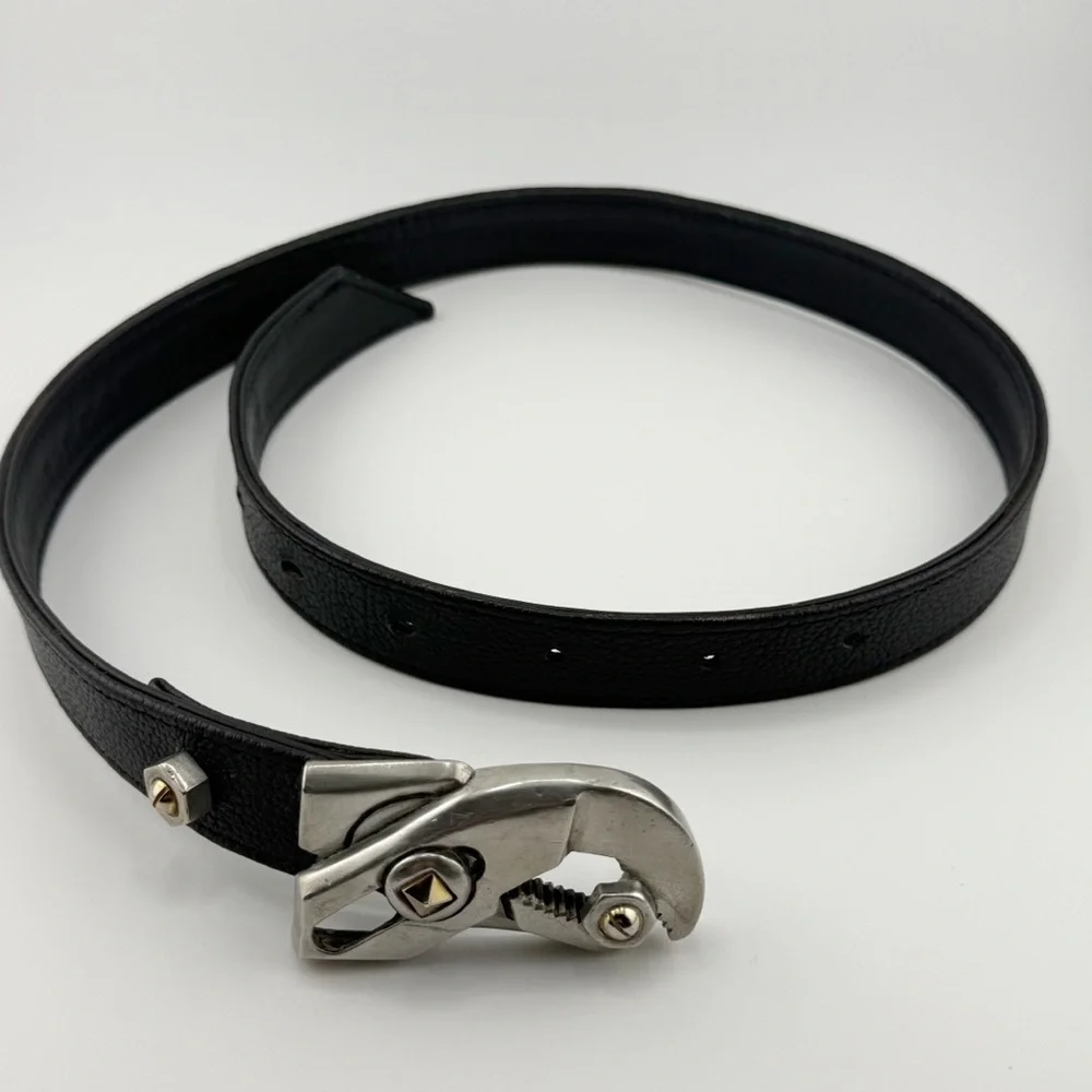 Black Leather Belt Industrial Tool Buckle Silver Hardware Adjustable Waist Belt
